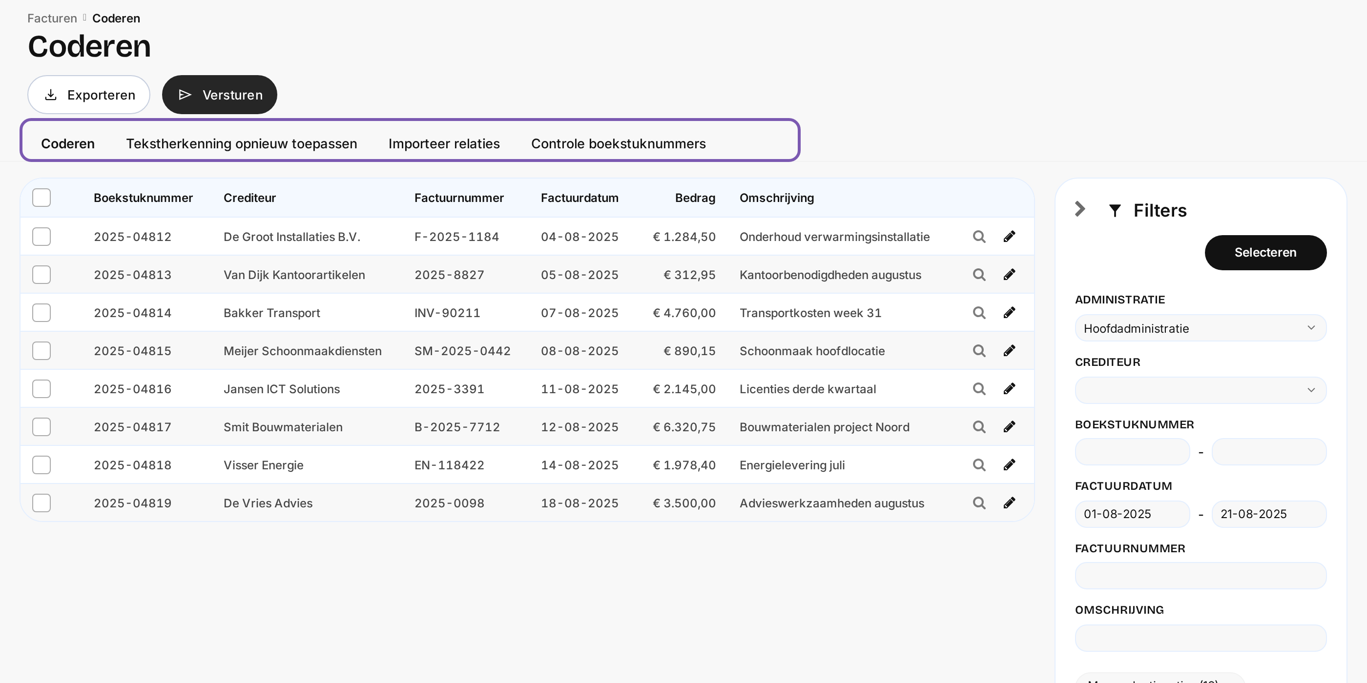 Elari-overzicht met de acties in tabbladen en de filters rechts
