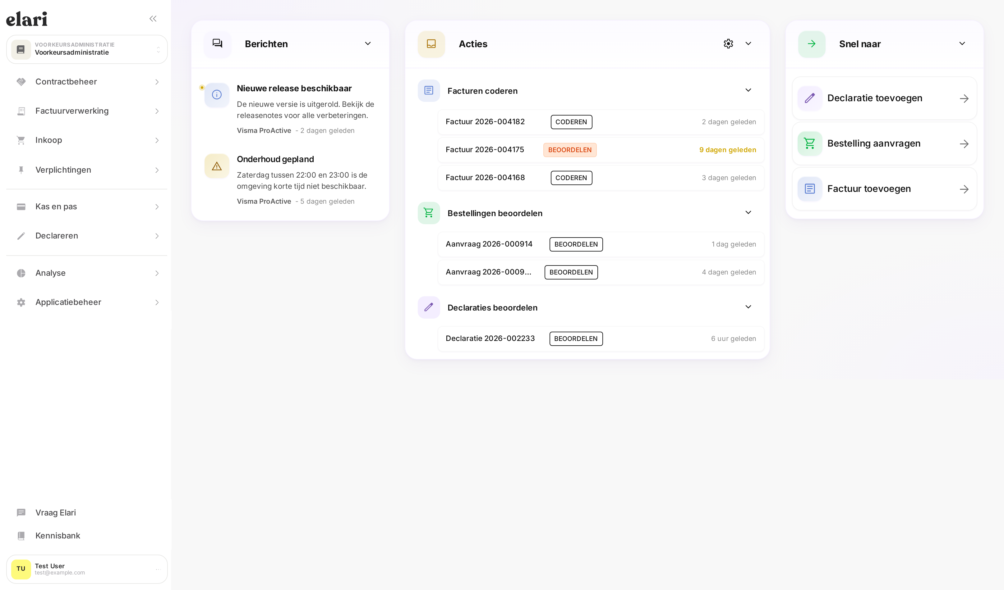 Elari met het menu links en het dashboard